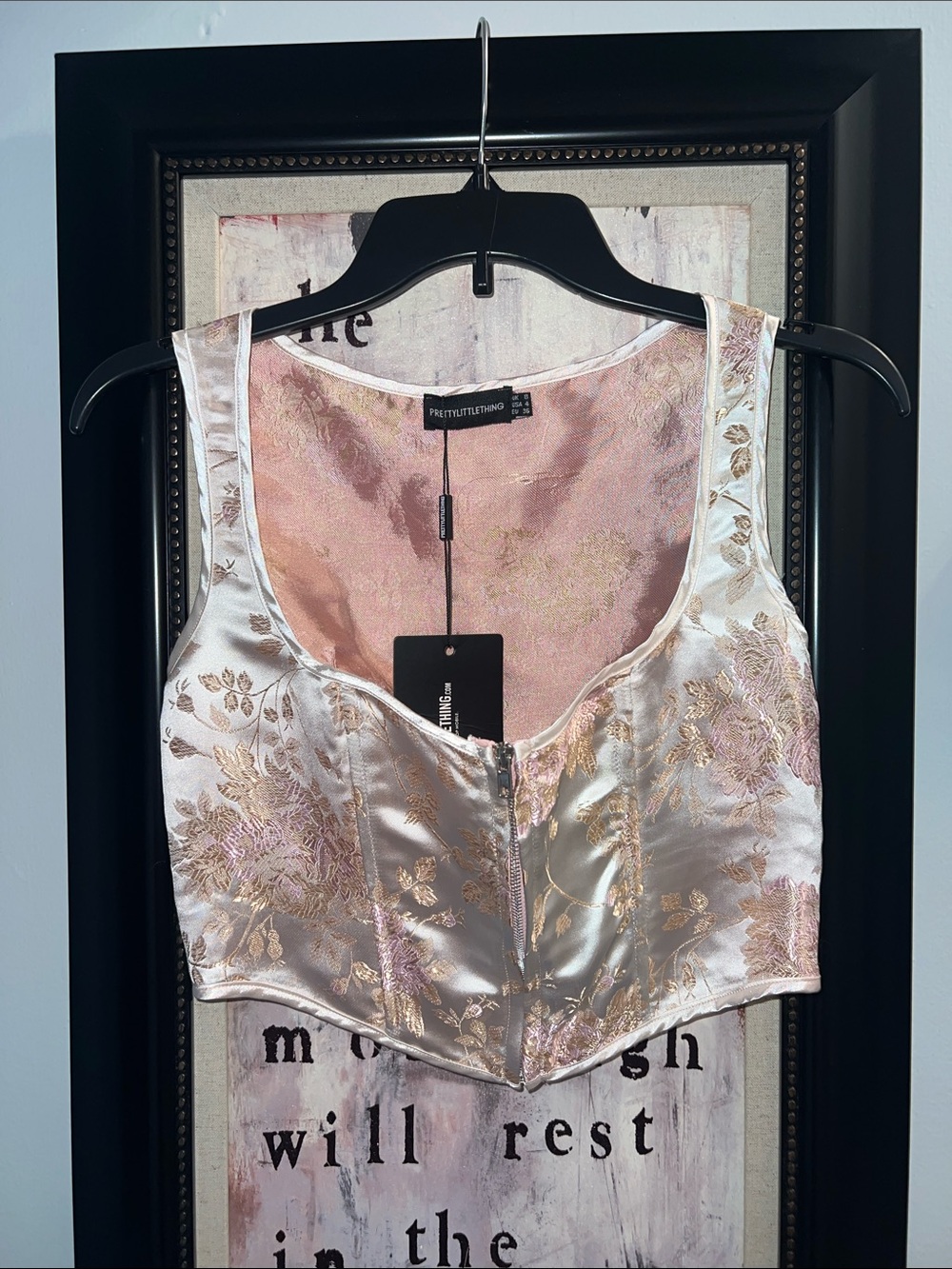 PrettyLittleThing Metallic Pink Floral Satin Corset Crop Top